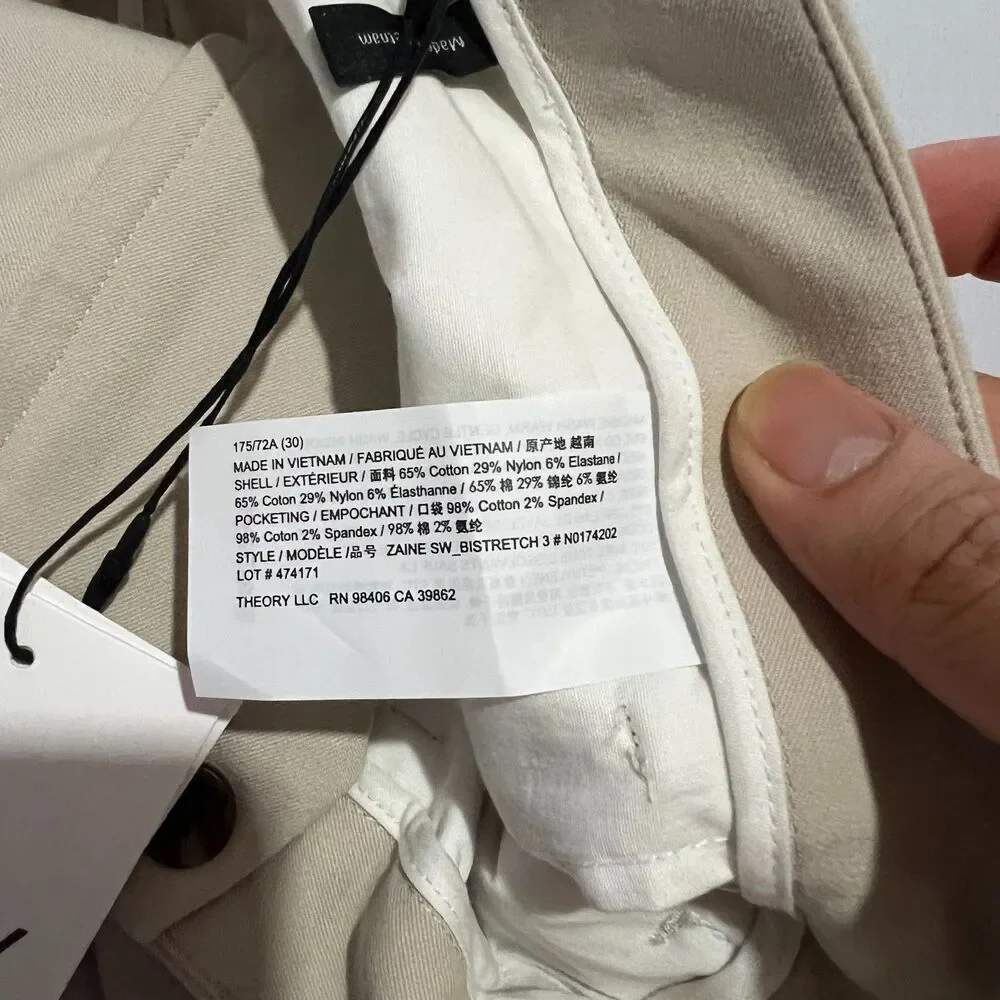 Theory Zaine Bistretch Chino Khaki Pants Size 30x32 New Sand NWT Flaws